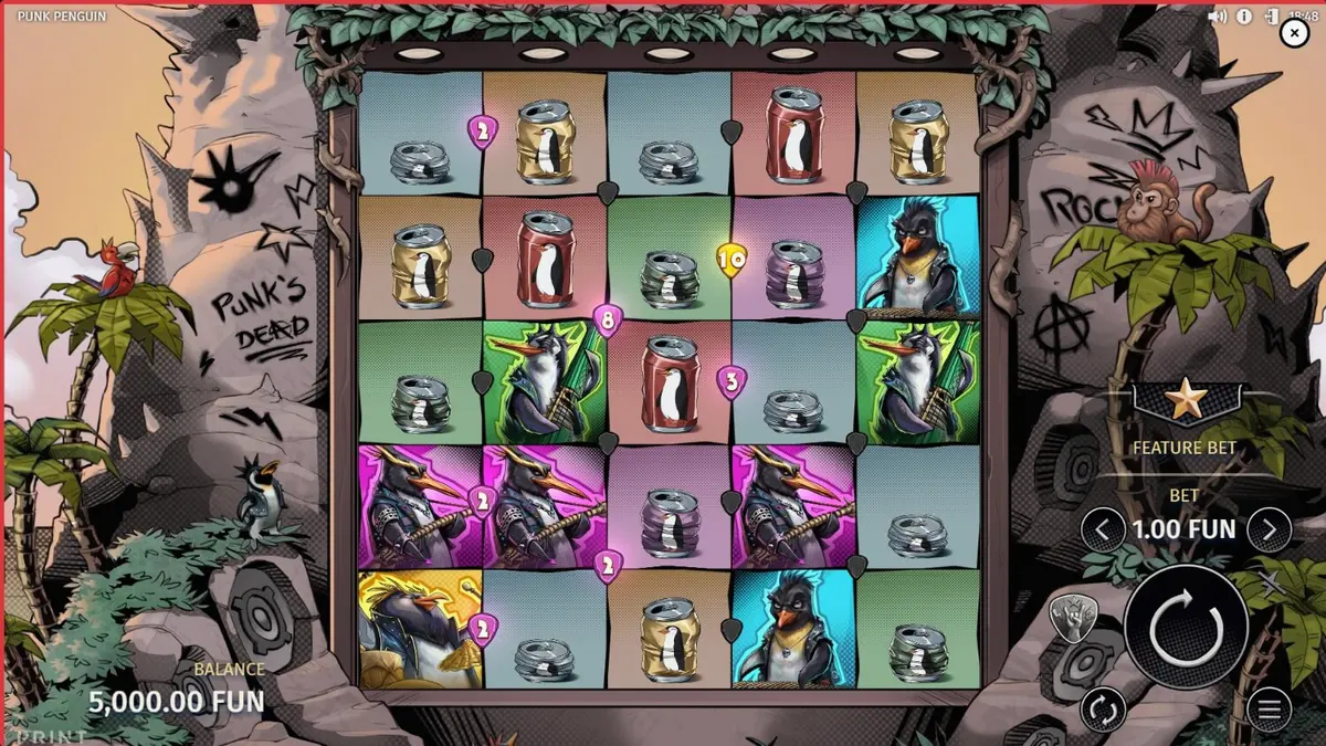 Ang makulay at maingay na tema ng Punk Penguin slot na may mga penguin na rockstar.