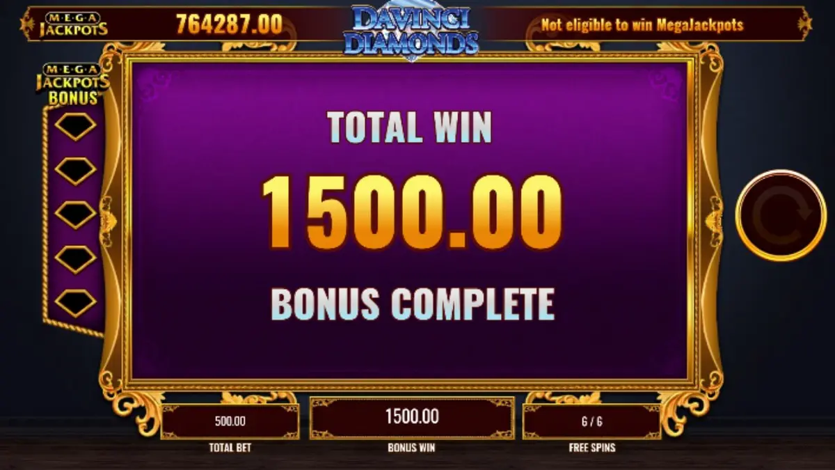 Visual ng Mega Jackpot DaVinci Diamonds slot na may mga diamond at art symbols