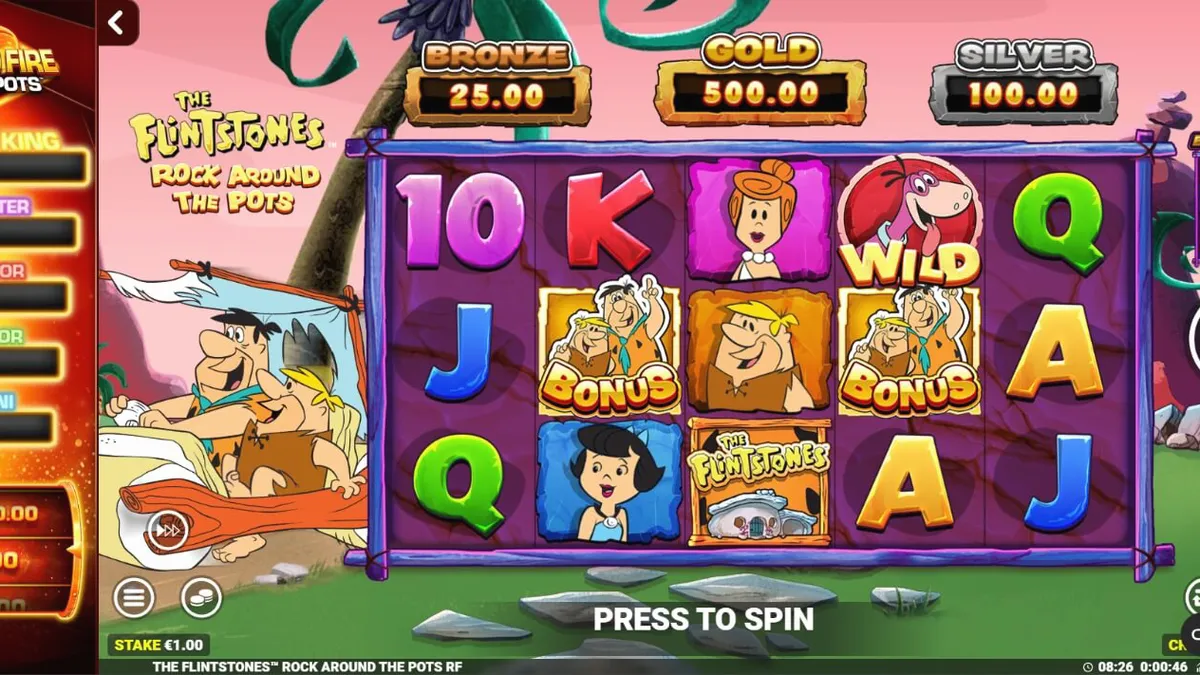 The Flintstones: Rock Around The Pots slot game screen featuring Fred and Barney